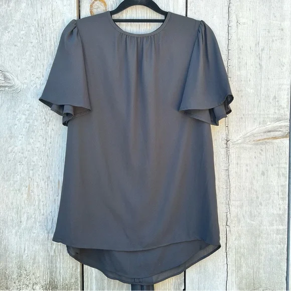 Badgley Mischka black ruffle short sleeve bowtie sash layered lined flowy blouse - Picture 3 of 15